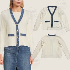 Nanette Lepore M Cardigan NWOT | Cream Knit, Denim Sequin Trim, Gold Buttons